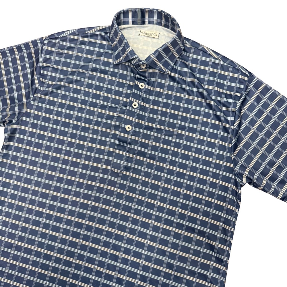 Collars & Co Dress Collar Polo Mens Medium Blue Plaid Grid Performance Shirt